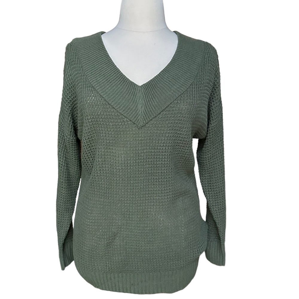 Zenana Premium Wide V-Neck Oversize Knit Sweater in Olive Green Size: S New!